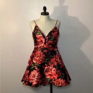 B. Smart Red and Black Floral Mini Dress
